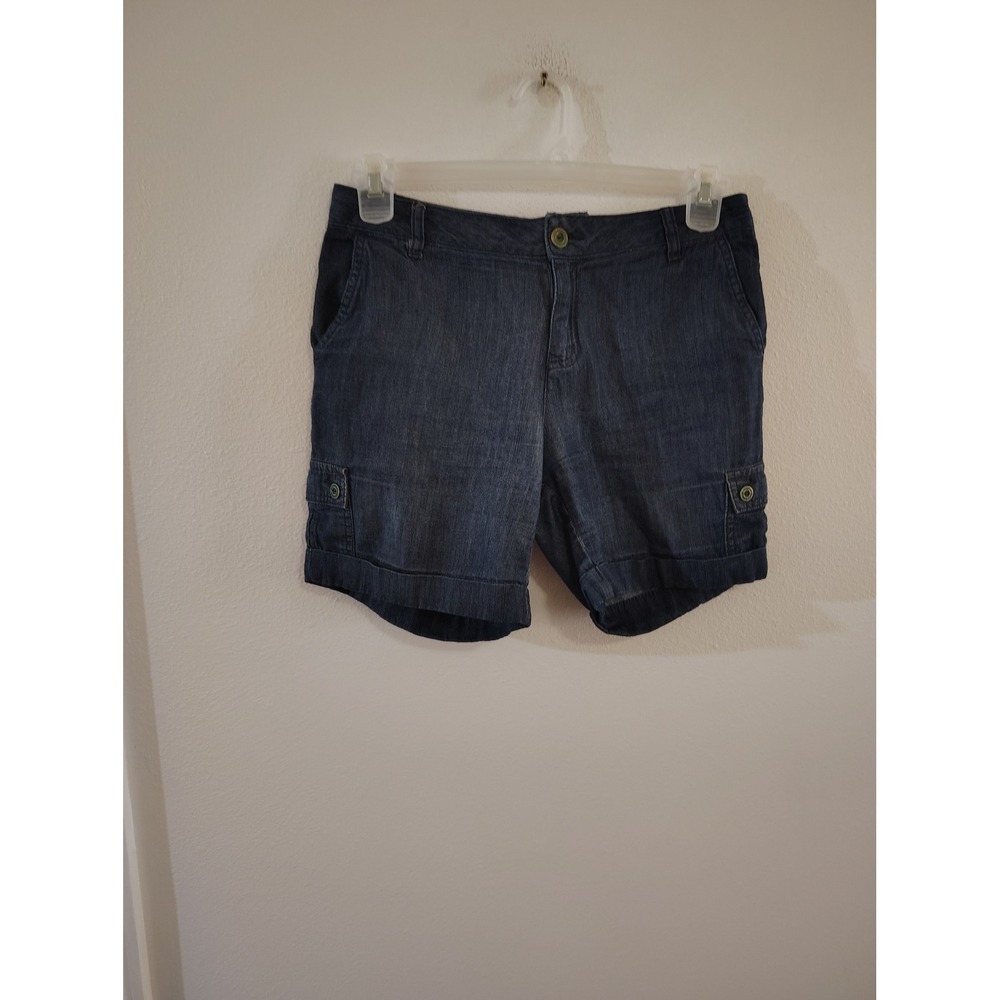 Liz Claiborne Womens Denim Cargo Shorts Dark Wash Blue Size 6 Cuffed Utility